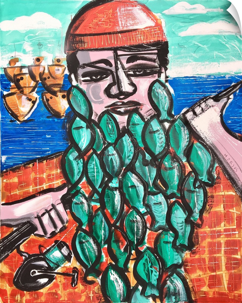 Painting of a fisherman with fish as his full beard.