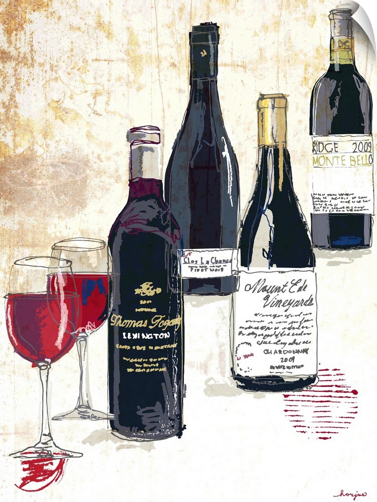 Four bottles of wine and two glasses on a textured rust background.