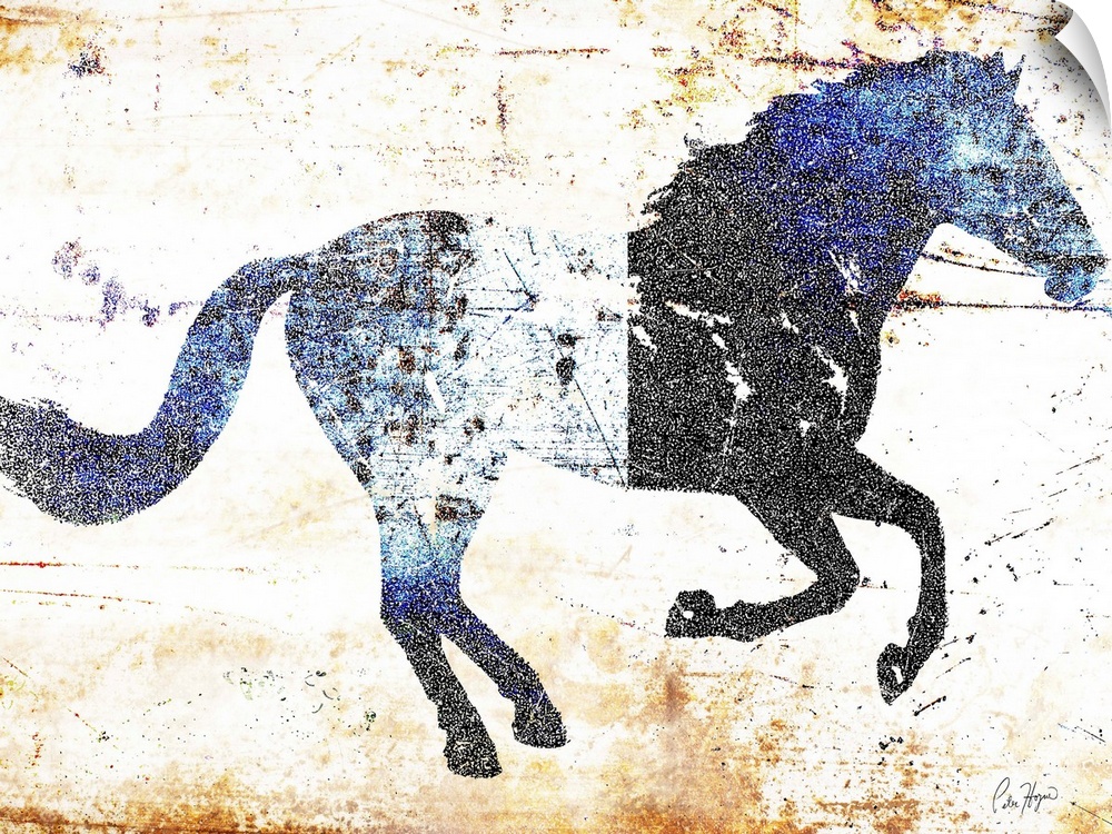Galloping blue and black horse profile on a textured rust background.