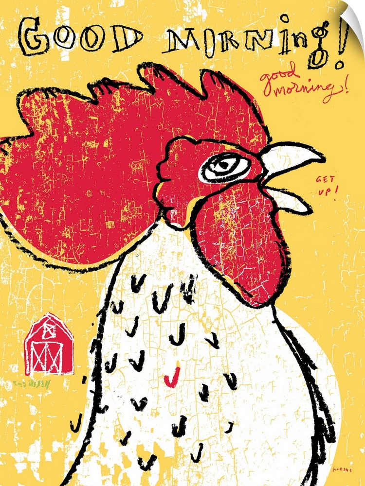 Illustration art of a rooster calling out Good Morning!