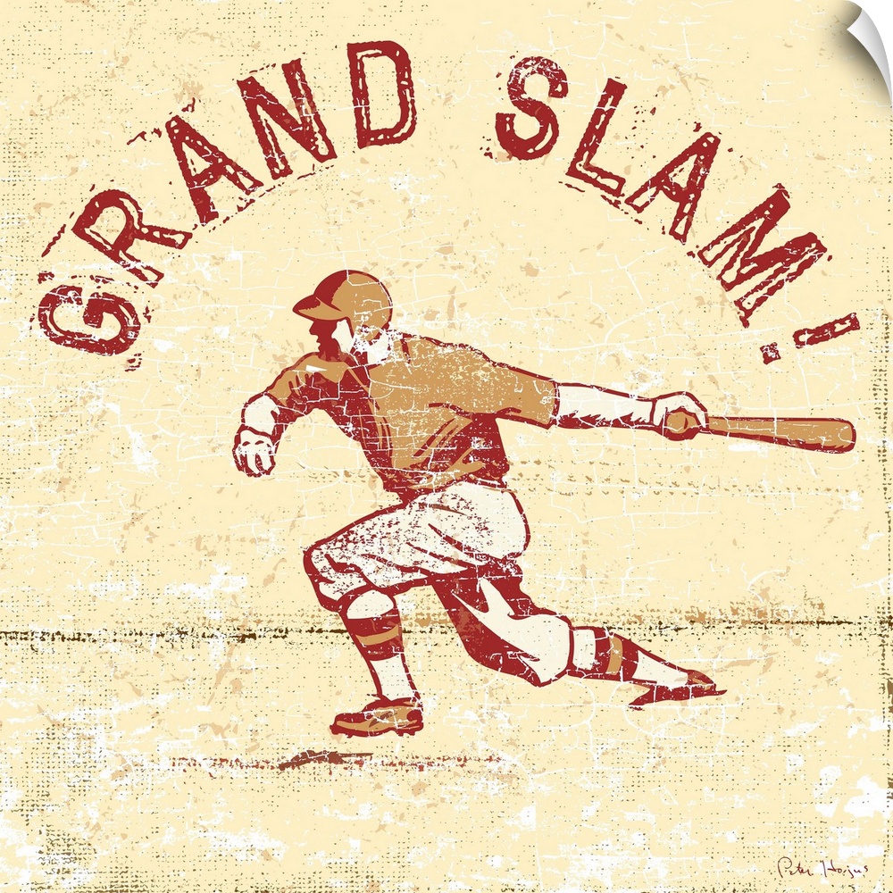 Distressed retro logo image of a baseball player swinging a baseball bat with the words "Grand Slam" above the image.