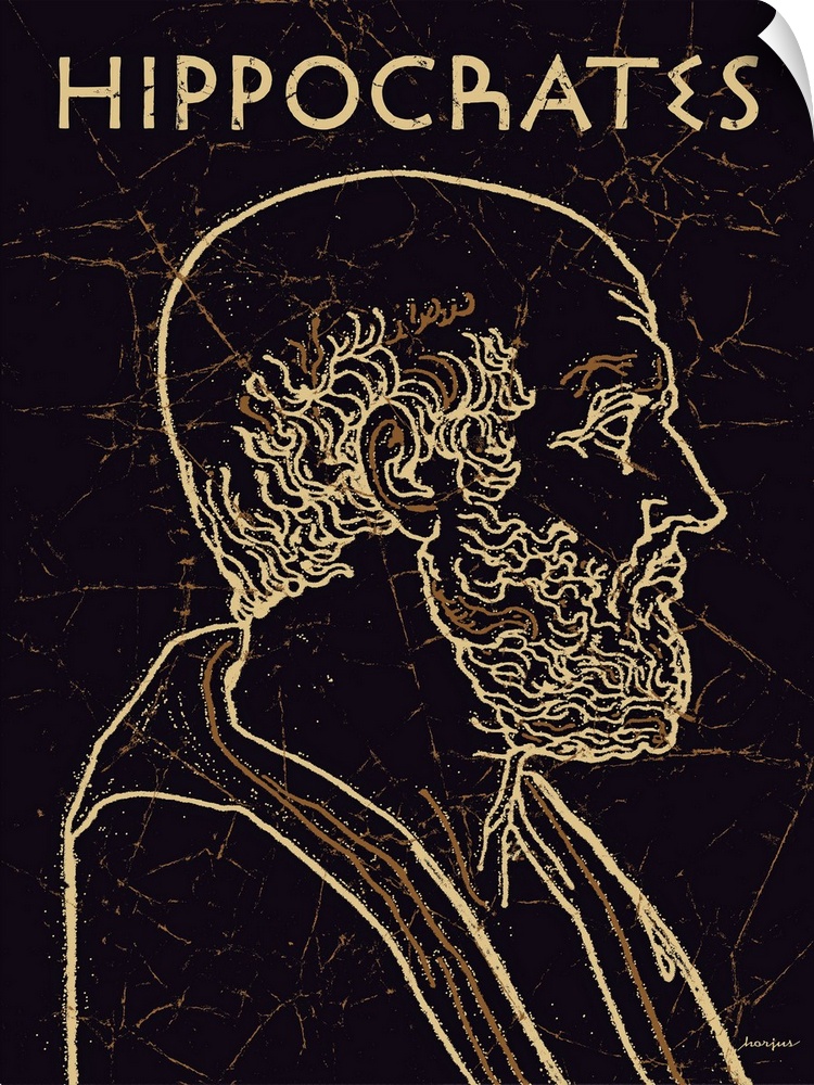 Black and gold line art wall art of Hippocrates, the Greek physician, with the name Hippocrates above the image.