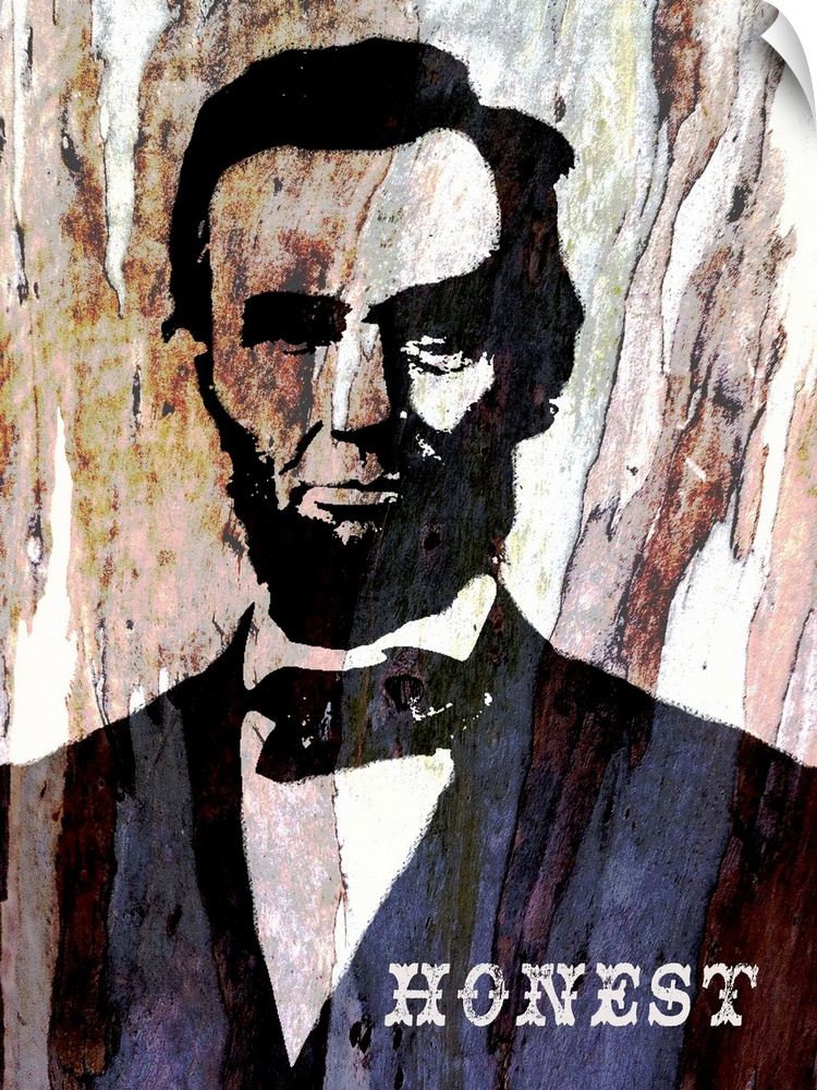 Graphic portrait of President Abe Lincoln with the word Honest on his chest and a tree trunk bark for a background.