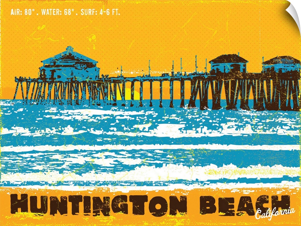 Huntington Beach Pier at sunset, waves and sand in the foreground, graphically portrayed in strong color like the Endless ...