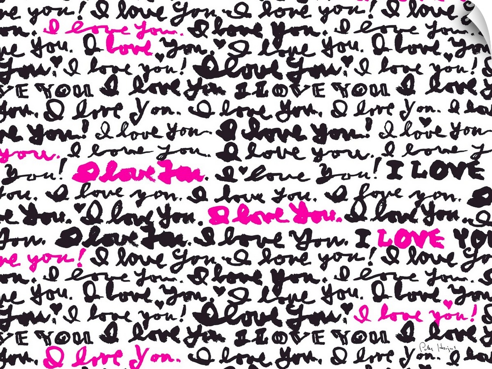 Hand-written words I Love You repeated repeatedly in colors pink and black.