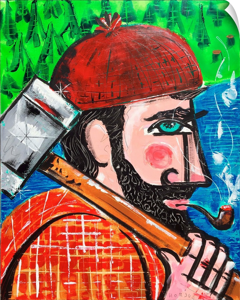Painting of a lumberjack with red flannel shirt, beanie, and an axe over his shoulder.