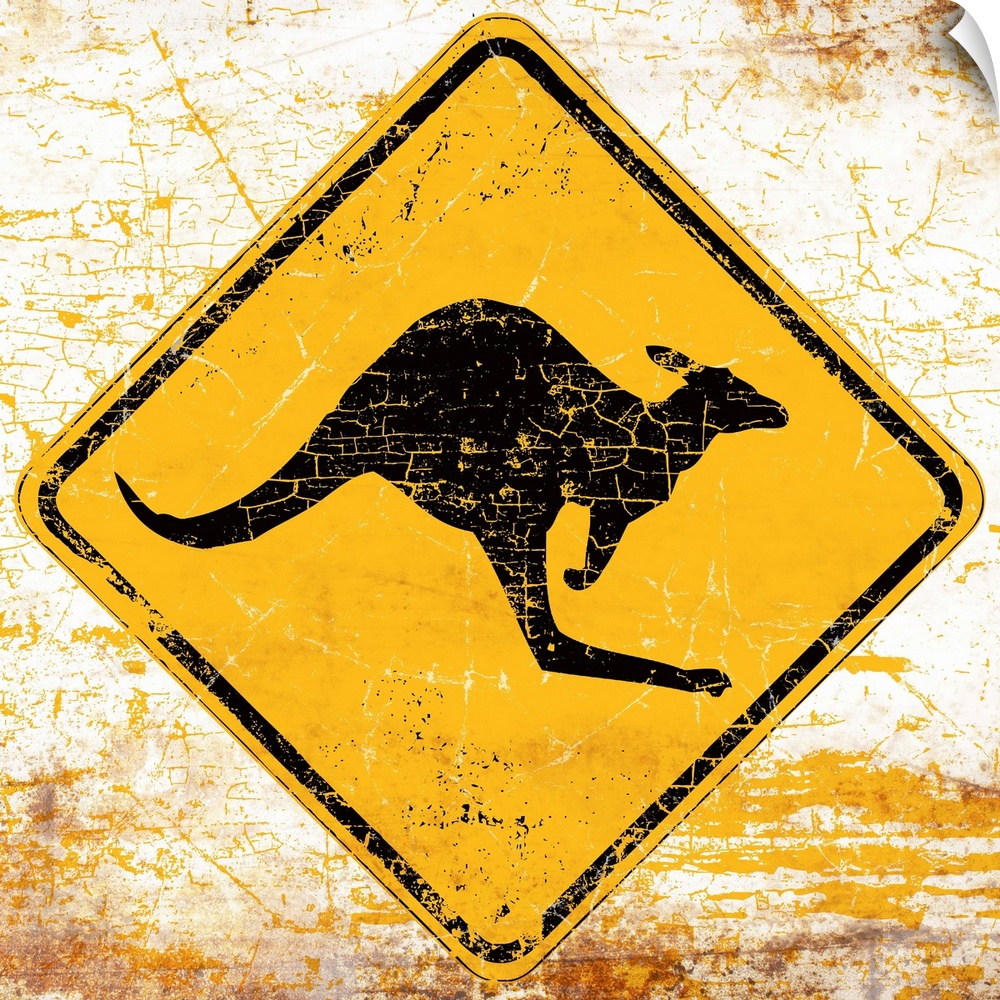 A worn, distressed, cracked and rusty Kangaroo street sign.
