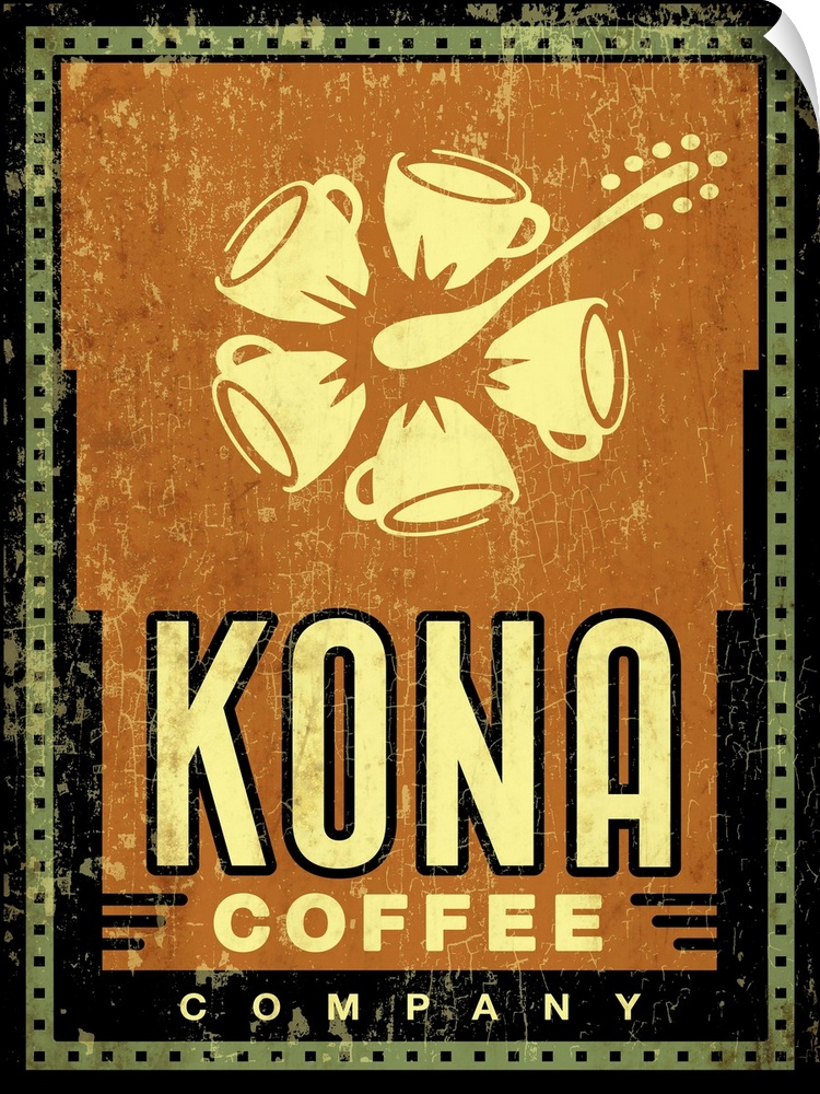 A worn, distressed, and cracked kona coffee sign