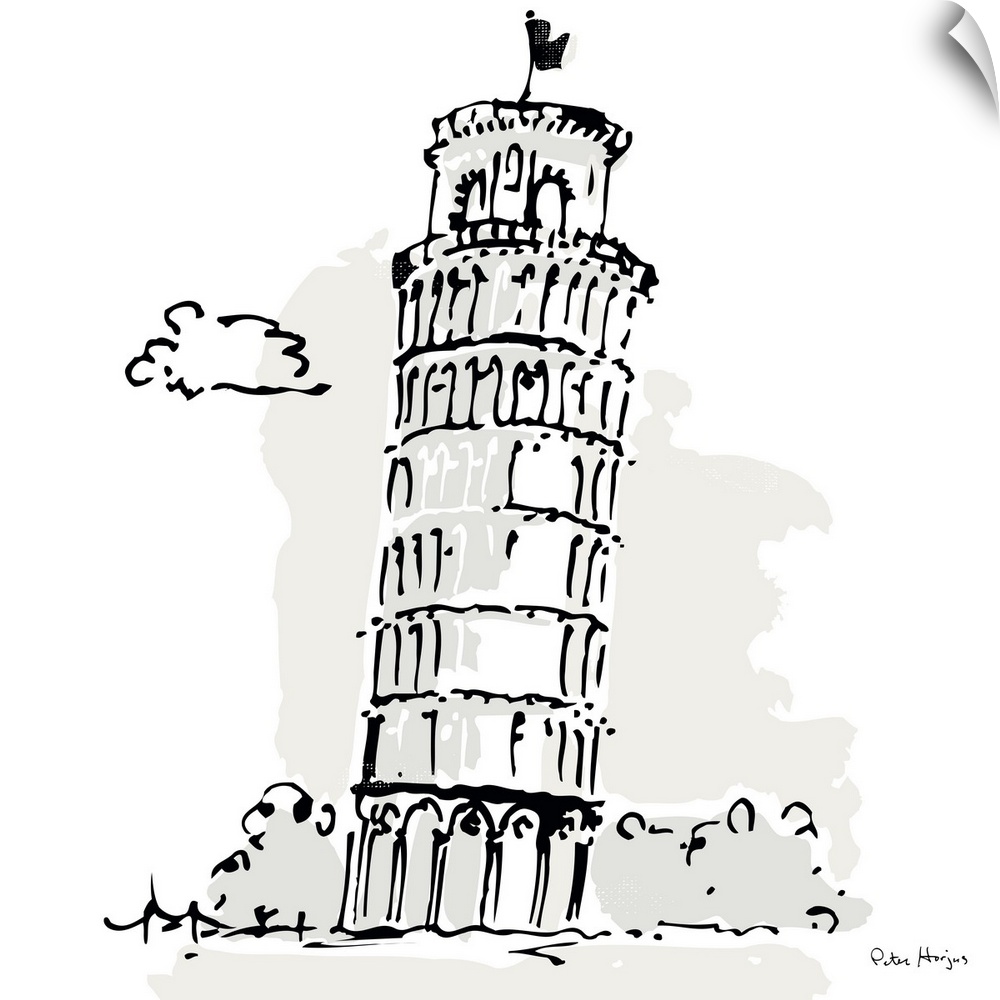 A simple fine line pen and ink illustration wall art with light wash on a white background of the Leaning Tower of Pisa, P...