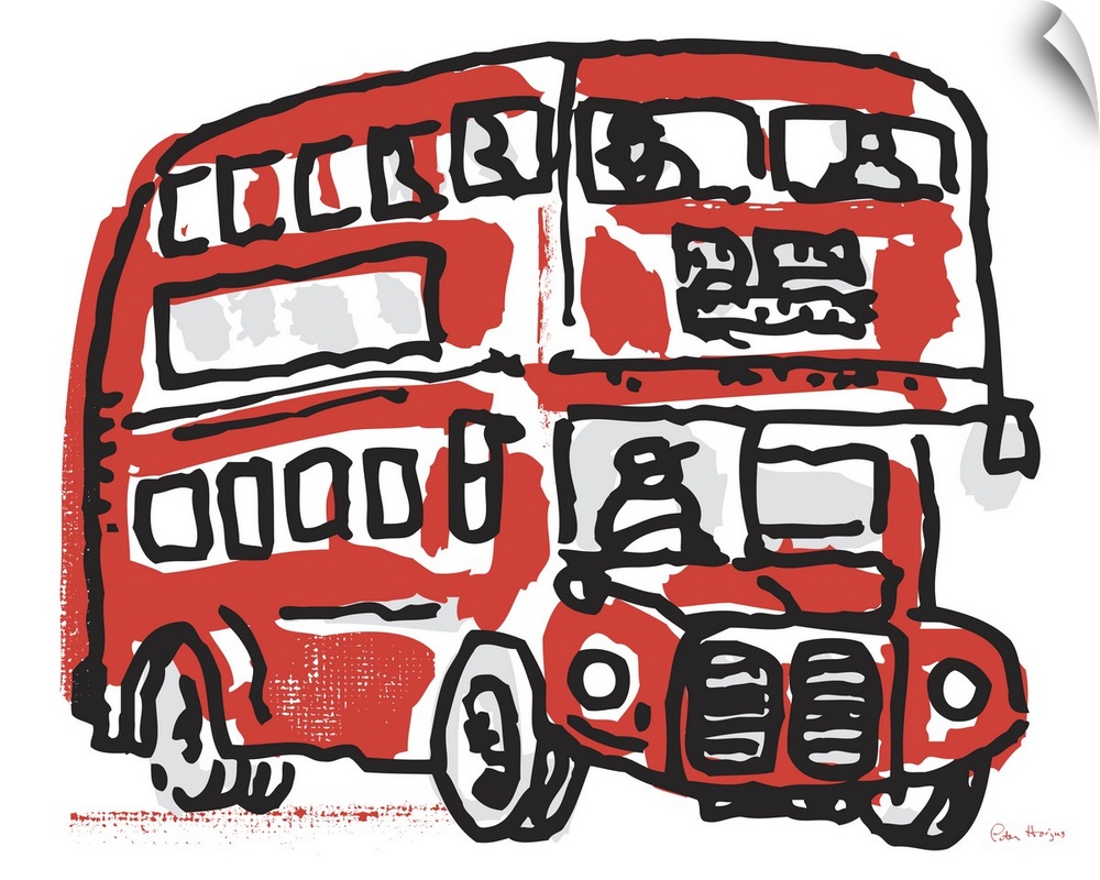A simple pen and ink line drawing of an old red London double decker bus.