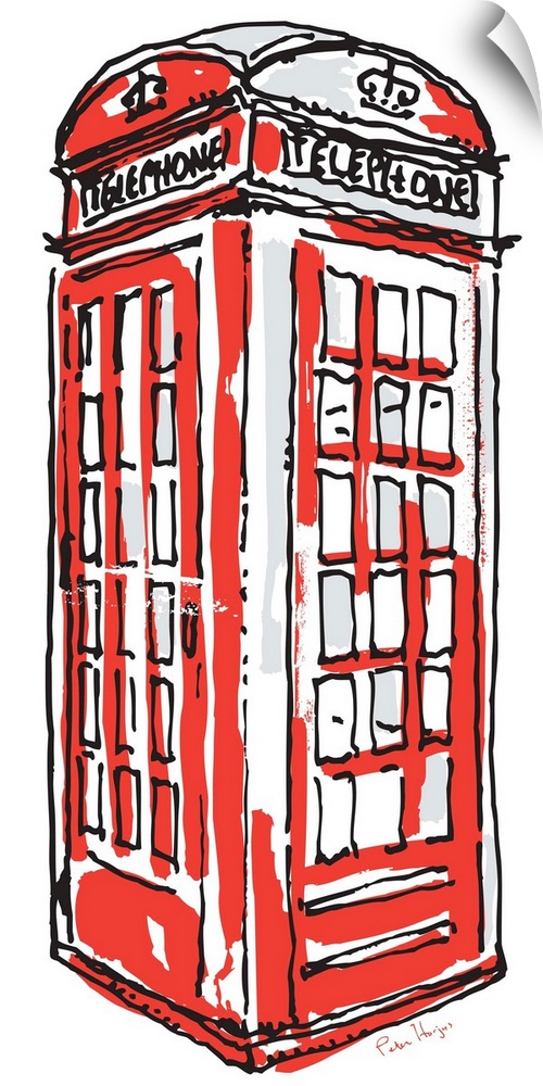 A simple pen and ink line drawing of an old red London phone booth.