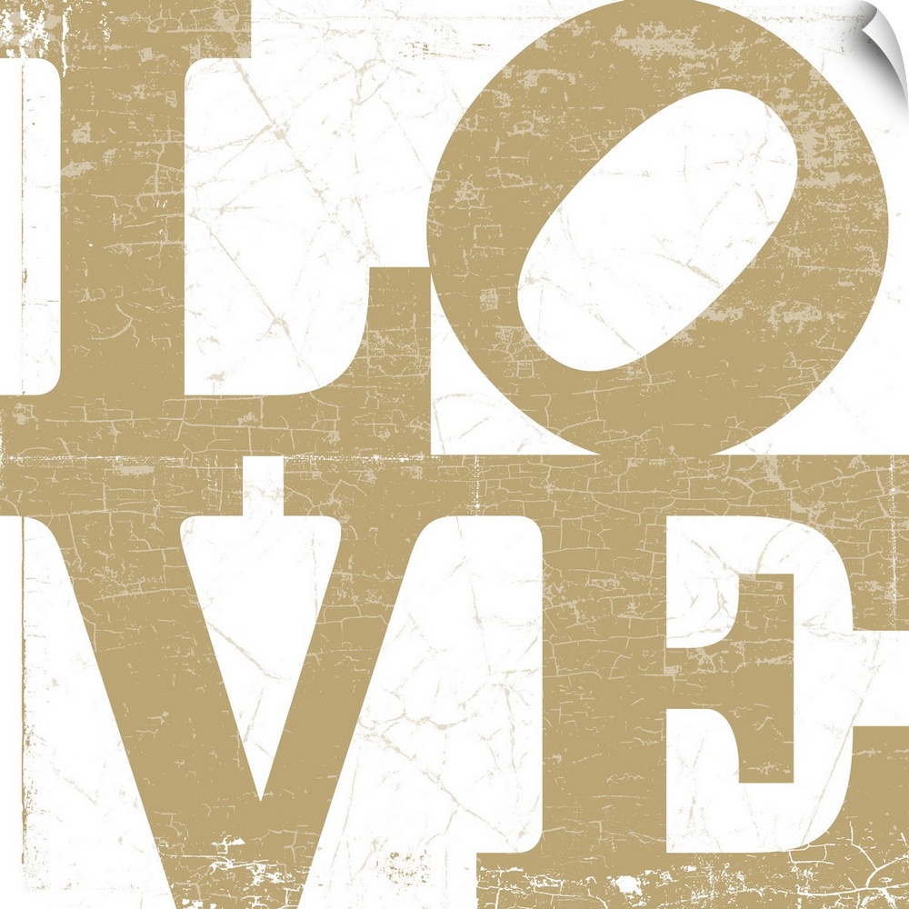 A LOVE graphic with bold and distressed typography in gold.