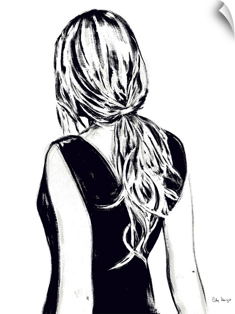 A black and white painting of the back of a woman with messy ponytail hair.