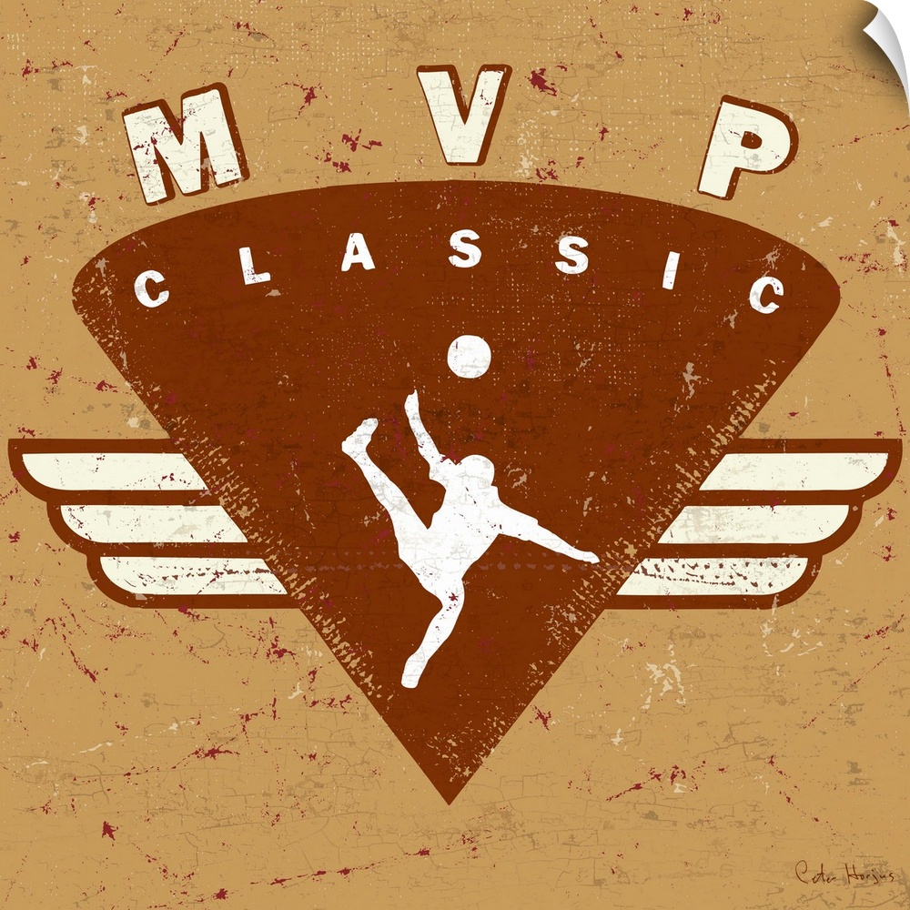 Distressed  soccer logo of soccer player kicking soccer ball with the words MVP Classic.
