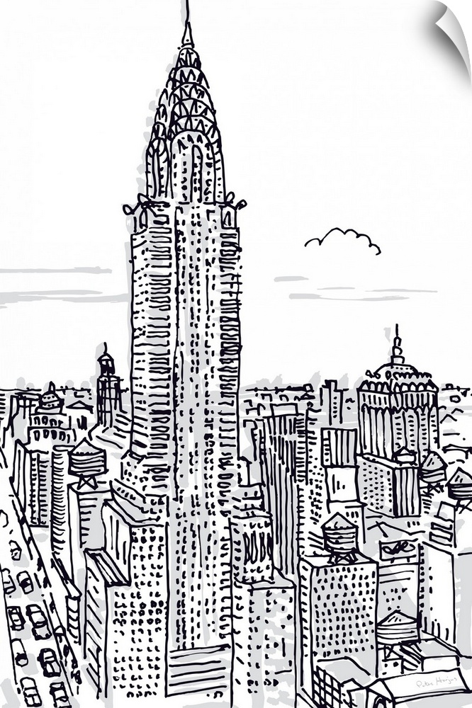 Pen and ink illustration of the skyline of New York City with the Chrysler Building in the foreground.