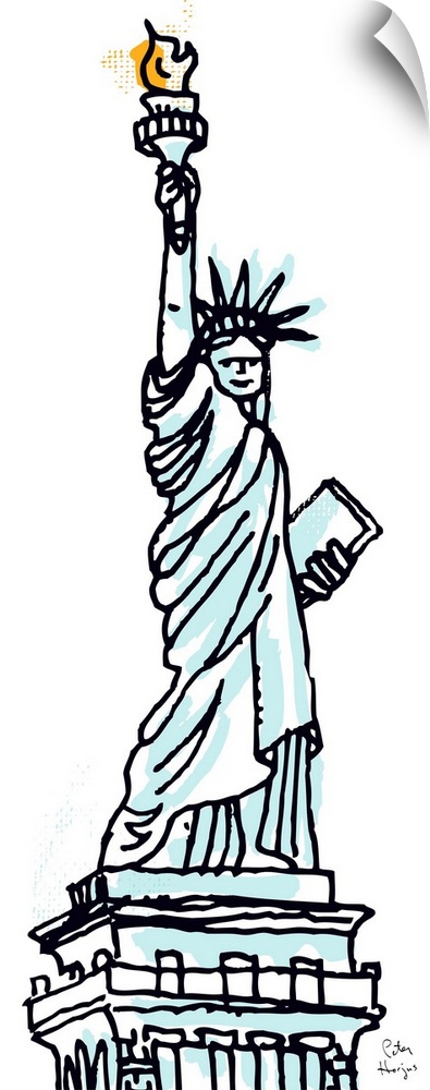 Pen and ink illustration with spot color of the Statue of Liberty in New York City.