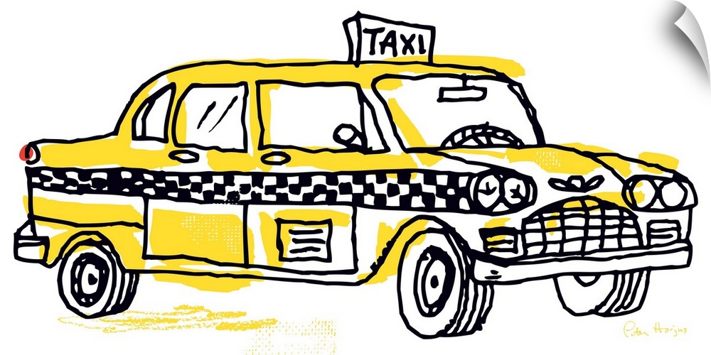 Pen and ink illustration of a yellow vintage New York taxi cab.