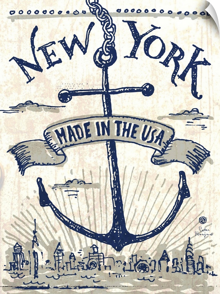 Illustrated vintage, worn artwork of New York City's skyline, with an anchor and a ribbon that says made in the USA.