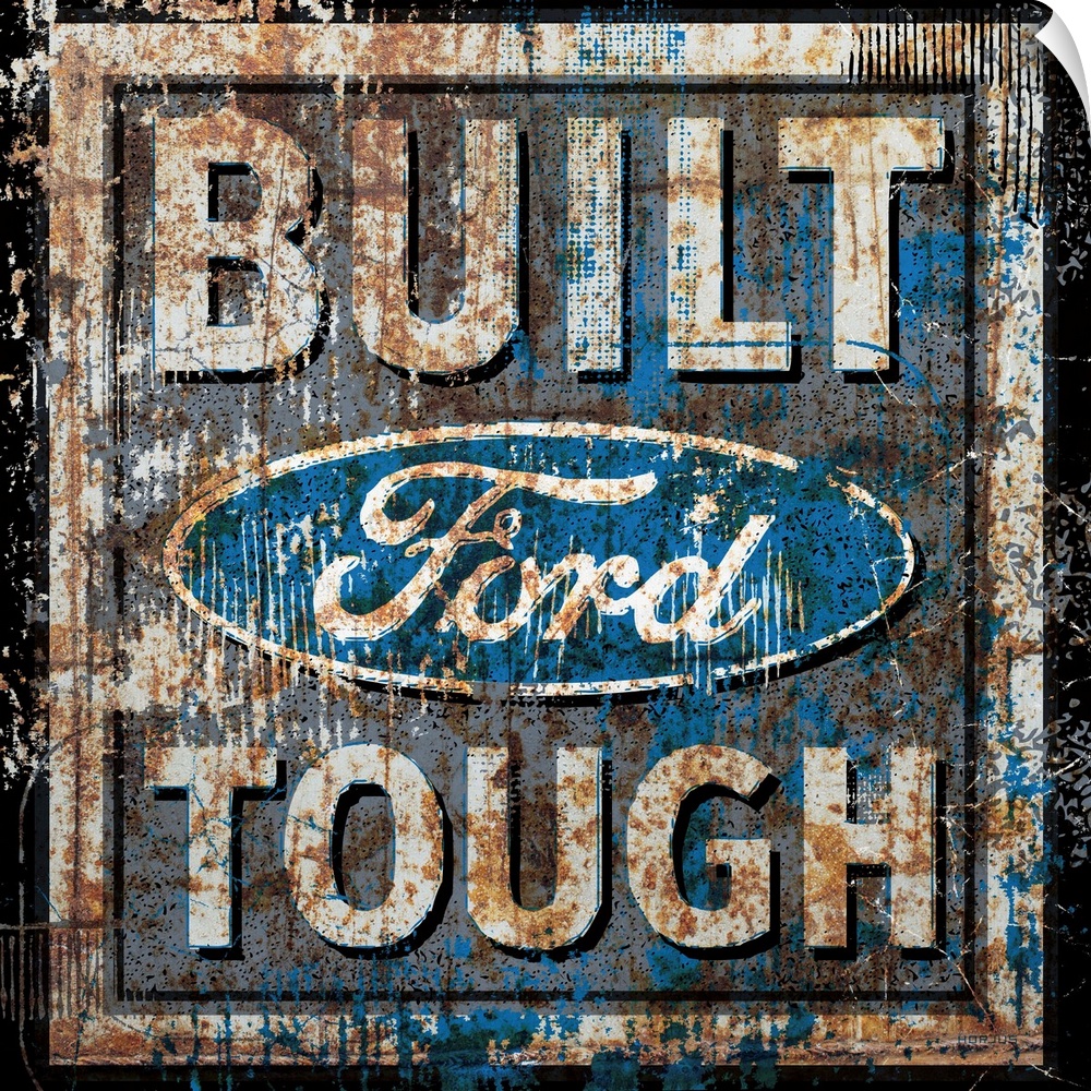 A worn, distressed, cracked and rusty Ford Genuine Parts sign.