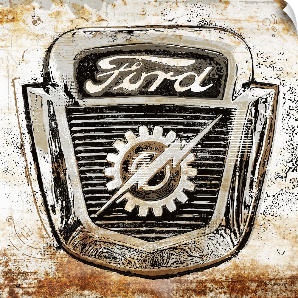 A worn, distressed, cracked and rusty Ford emblem sign on a white background.