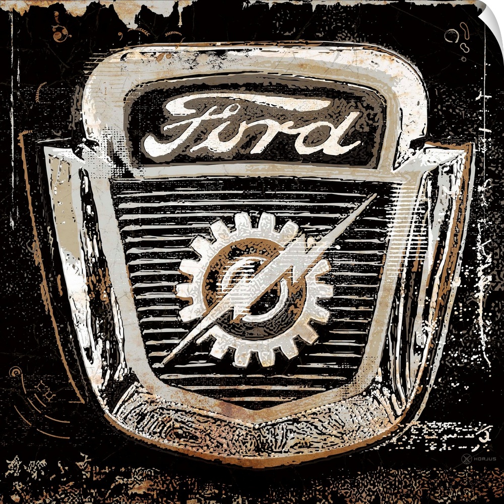 A worn, distressed, cracked and rusty Ford emblem sign on a black background.