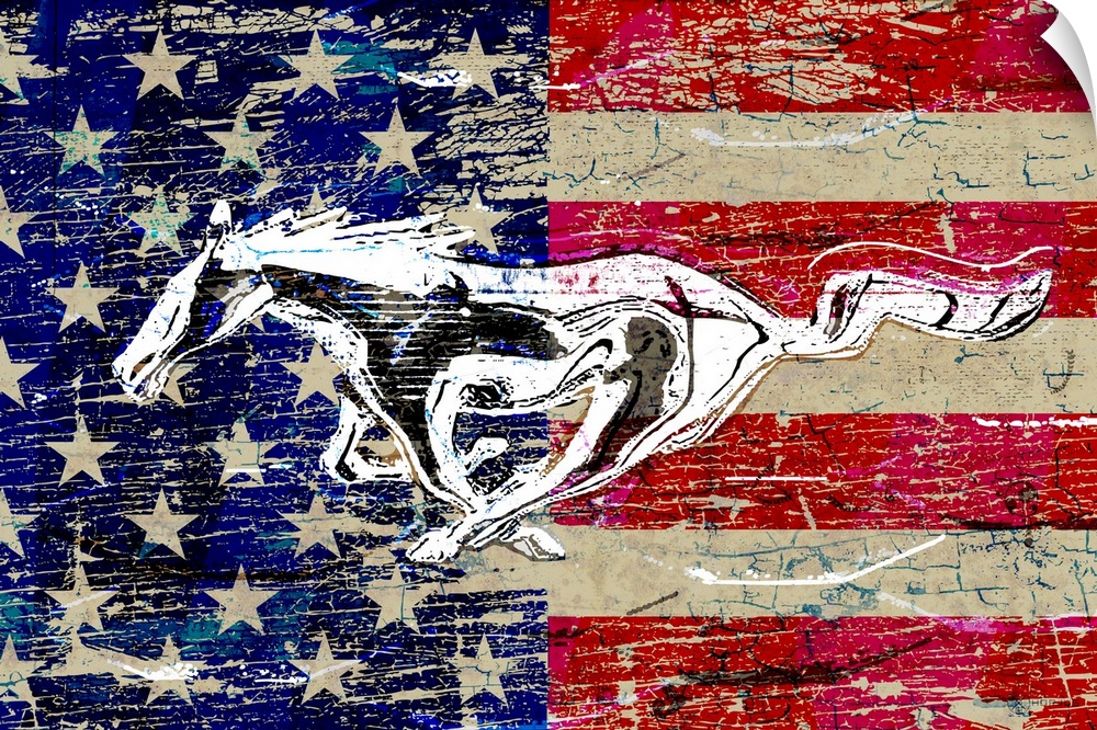 A worn, distressed, cracked and rusty Ford running horse logo graphic with the American Flag superimposed.