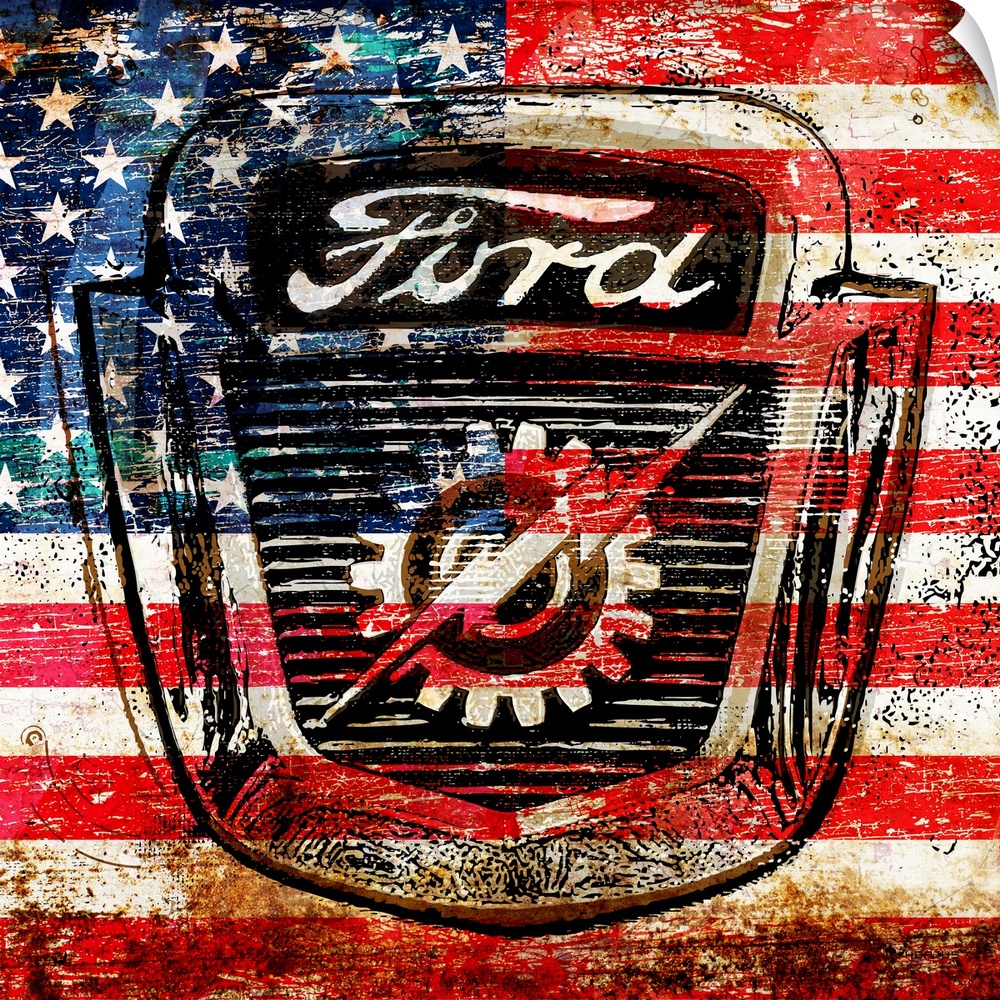 A worn, distressed, cracked and rusty Ford logo with the American flag superimposed.