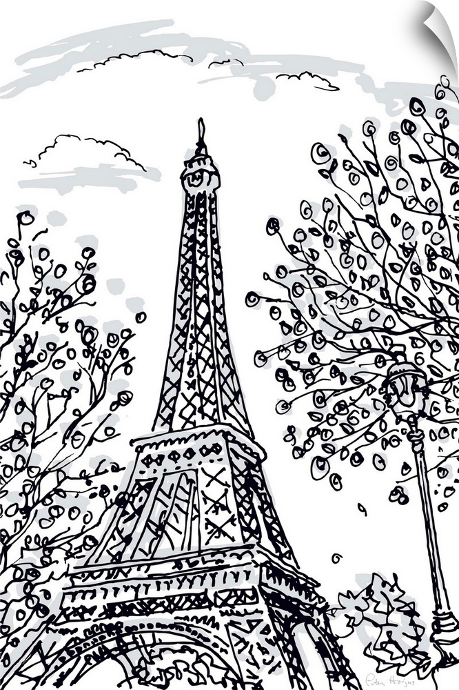 Pen and ink Illustration of the Eiffel Tower with spring trees.