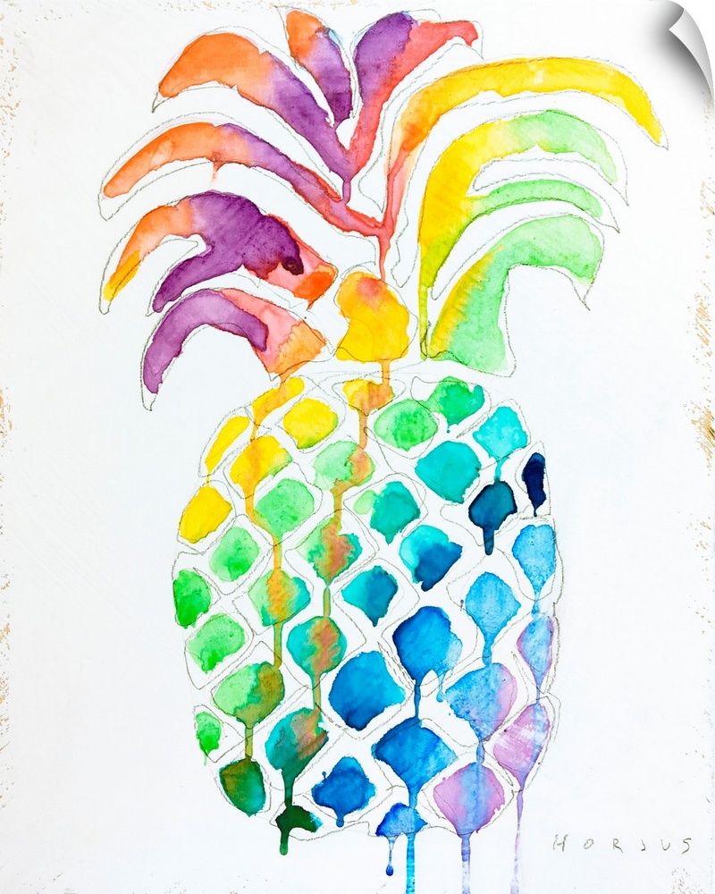 Pineapple with drippy watercolor rainbow colors and patterns on its body and leaves.