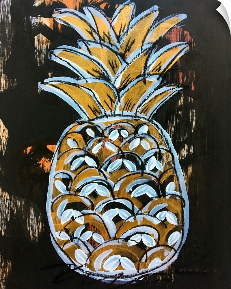 Pineapple painted in an expressionistic style, in white and gold, on a black brushed background.