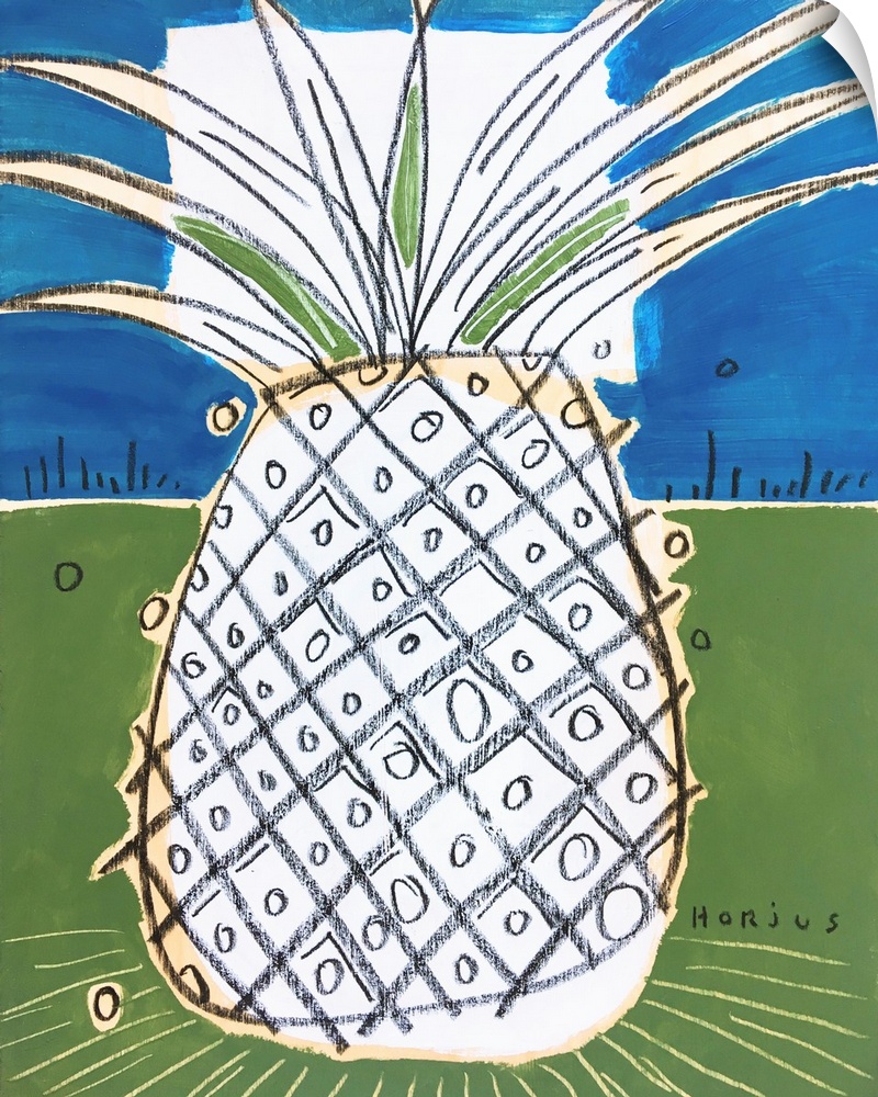 Pineapple drawn with black grease pencil on a blue and green background.