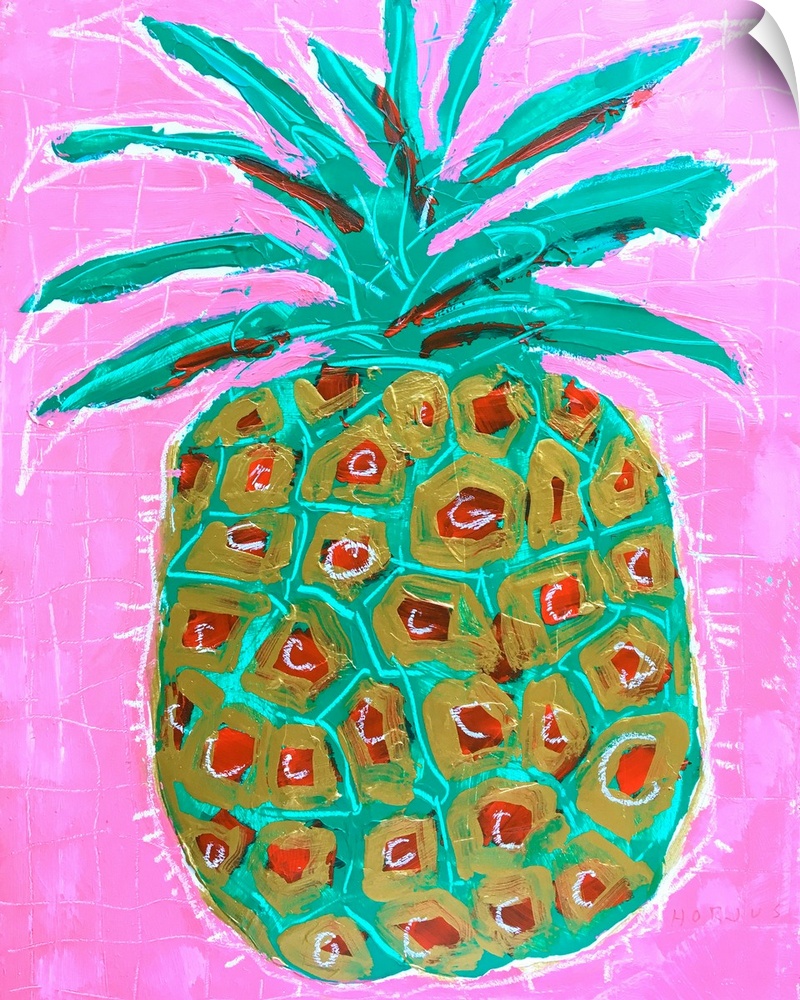 Pineapple painted in bright watercolor colors on a bright pink background.