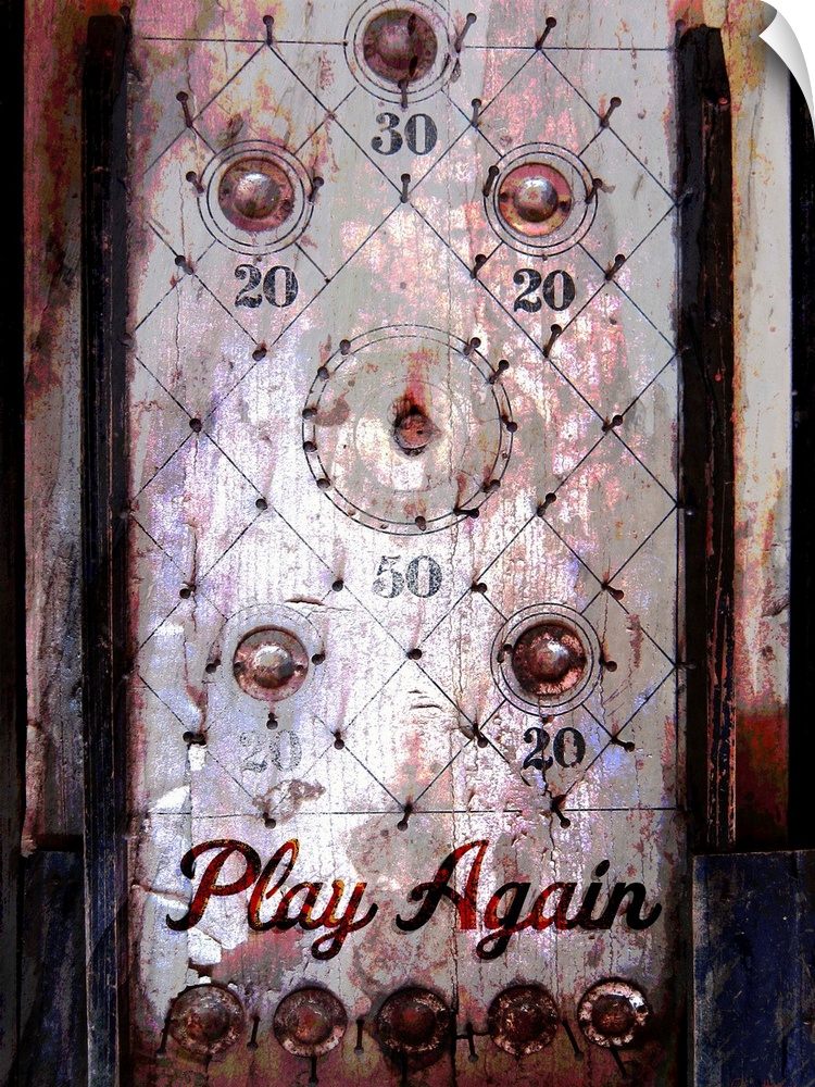 A rustic vintage pinball machine with the words Play Again superimposed at the bottom.