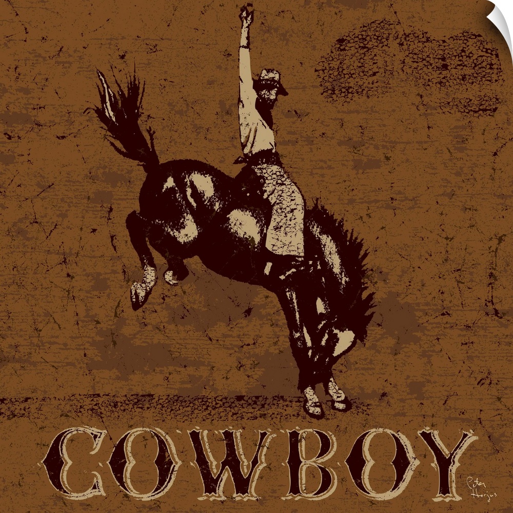 Western cowboy riding a bucking horse with the word "Cowboy" underneath on a textured background.