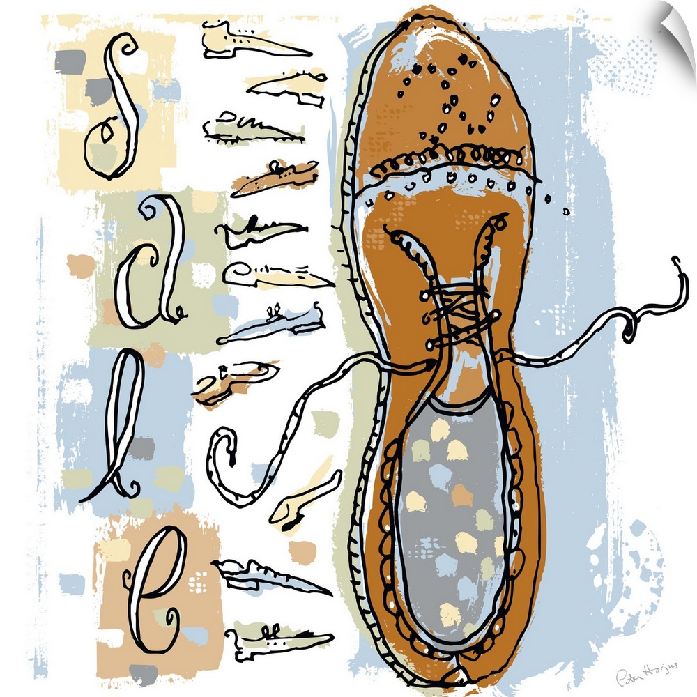 A gestural pen and ink wall art illustration of a wingtip shoe and a hand-written word SALE next to the wingtip shoe.