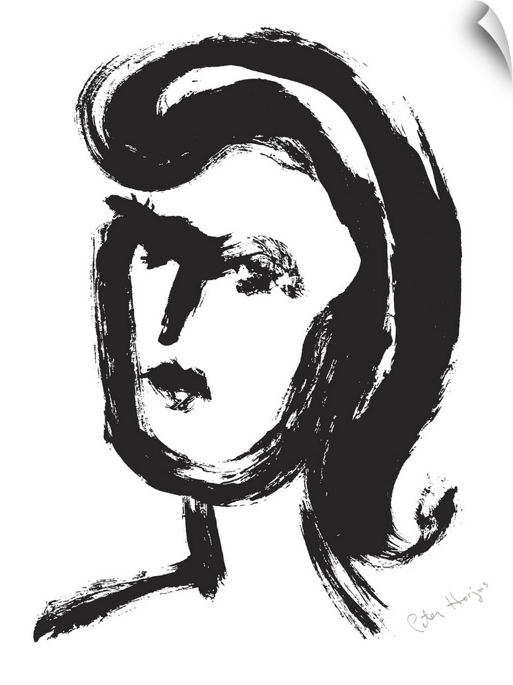 A quick black brush illustration of a young woman's face.