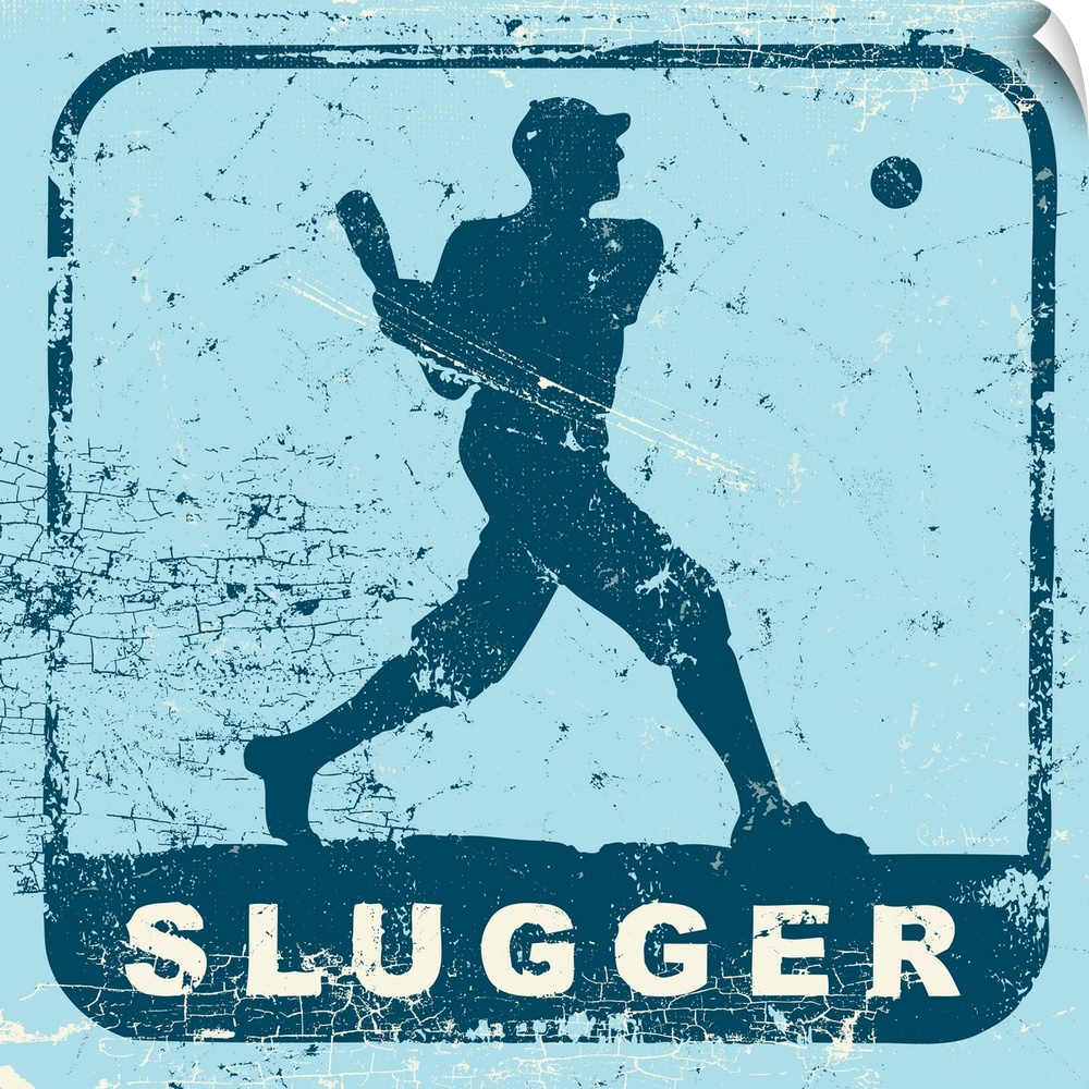 Distressed retro logo image of a baseball player swinging a baseball bat.