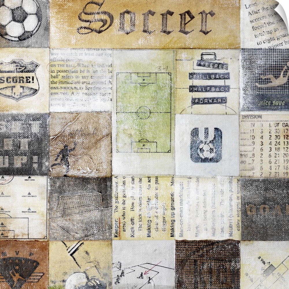 Distressed  art collage of soccer crests, soccer definitions, soccer descriptions, soccer logos, and soccer graphic images.