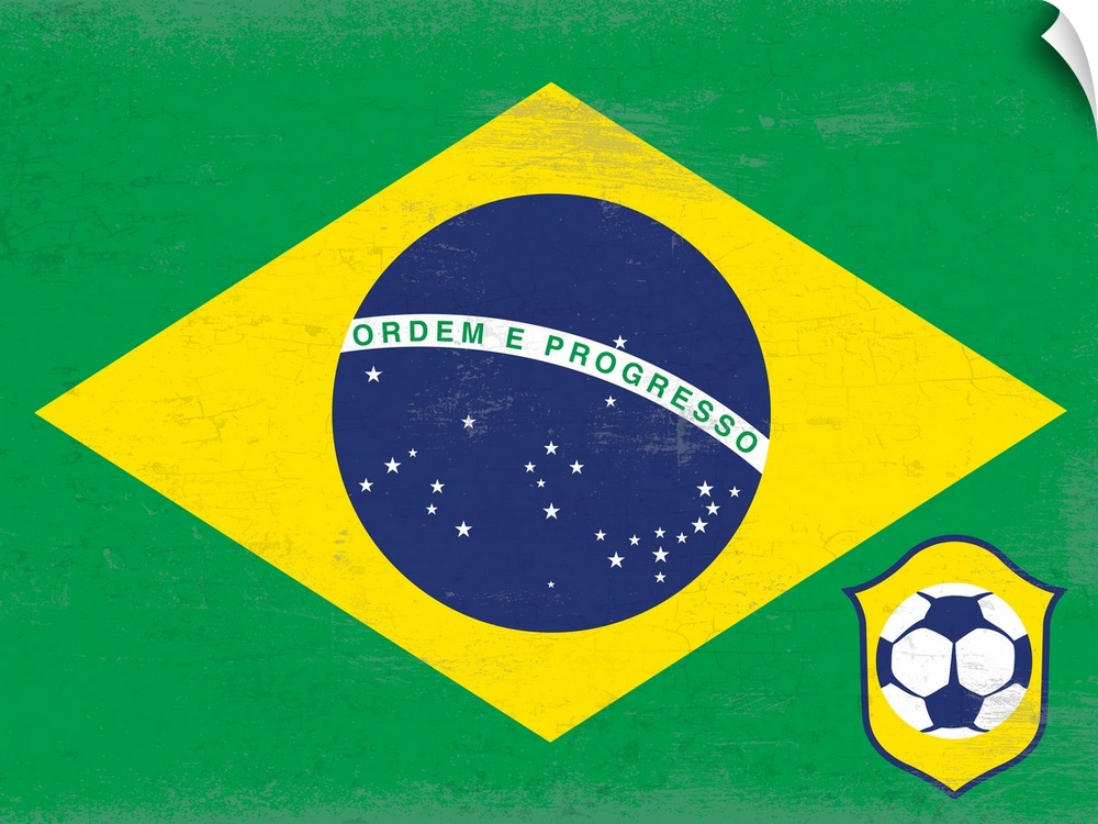 Flag of Brazil with soccer crest with soccer ball.