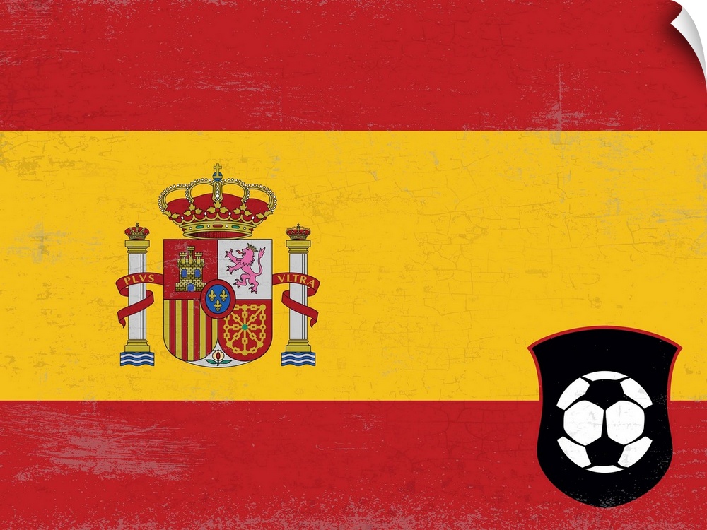 Flag of Spain with soccer crest with soccer ball.