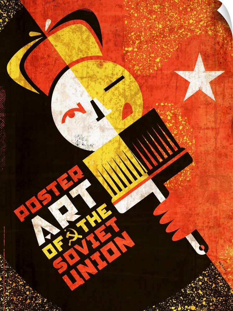 Constructivist design of an image of a man wearing a russian hat holding a poster brush.