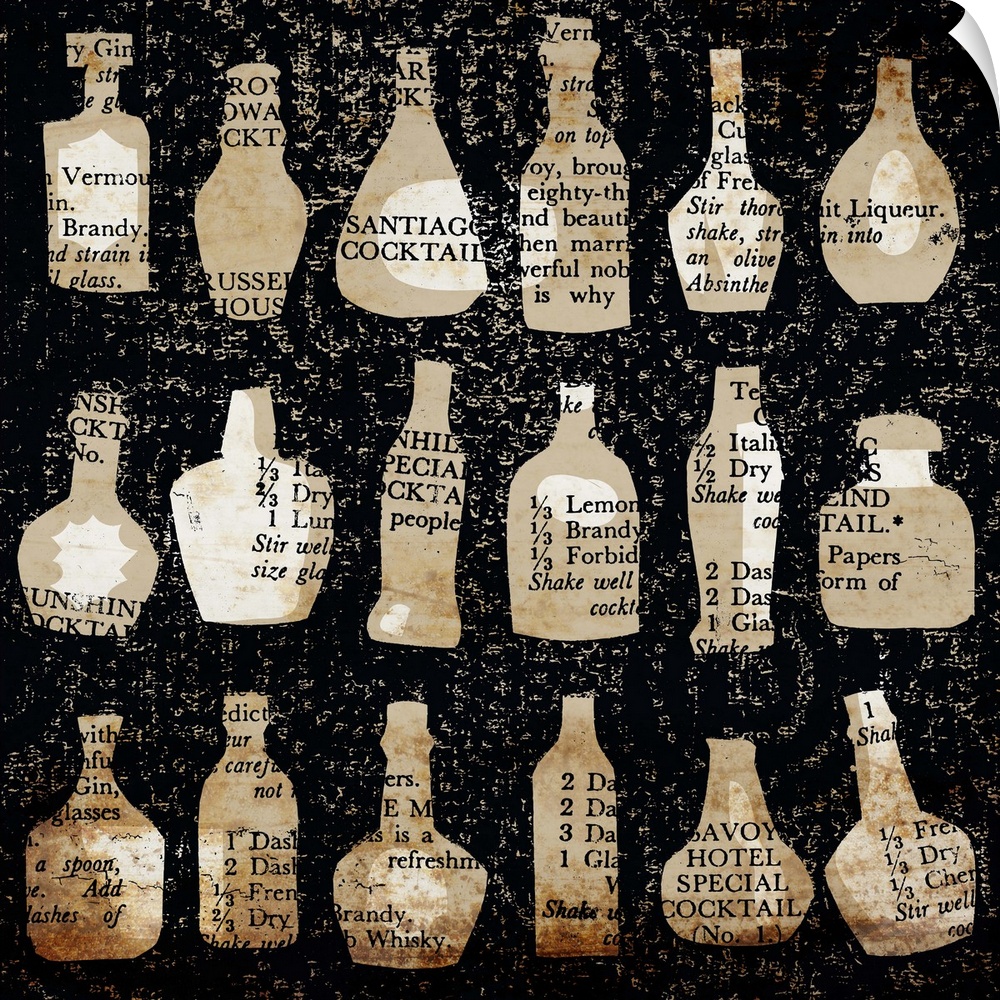Graphic wall art of 18 spirits bottles on the wall with cocktail recipes overprinted on tan and sepia bottles on black dis...