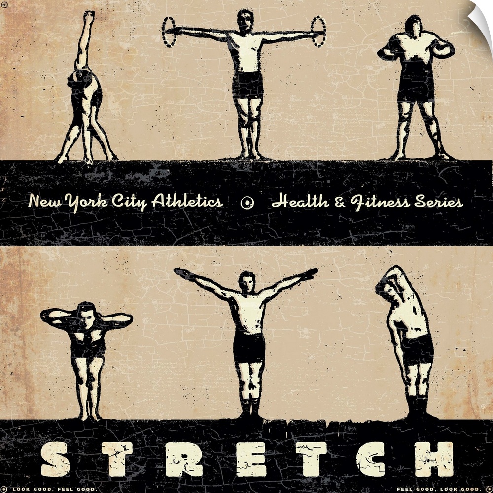 Vintage New York City Health Club poster wall art of 6 men in different exercise positions with old school vintage typogra...