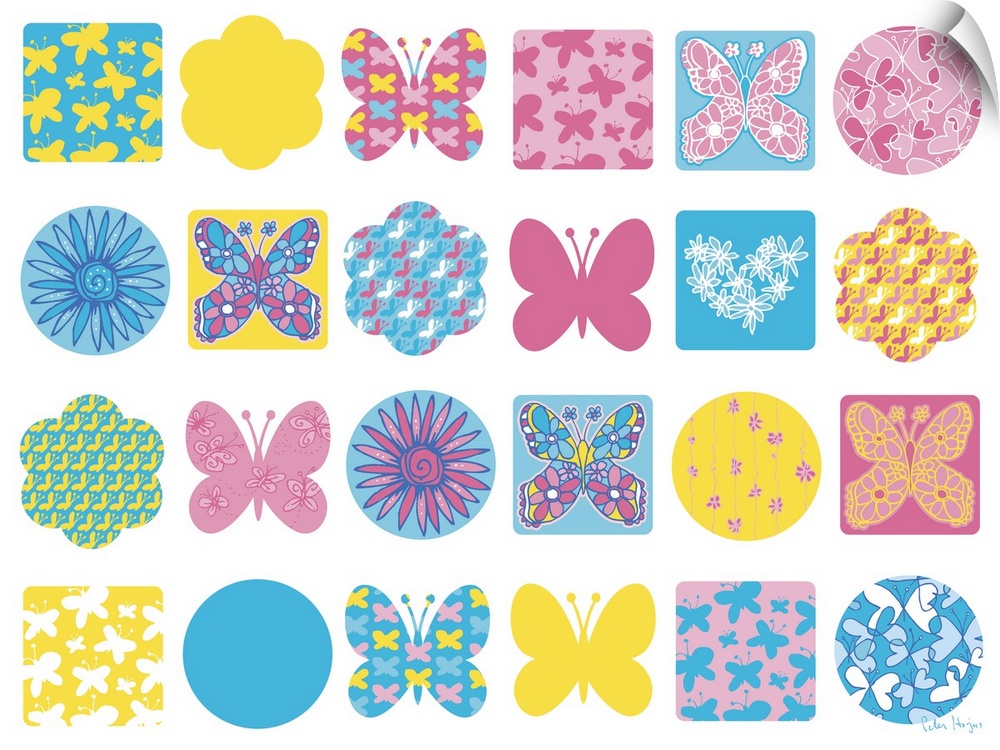 A graphic group of butterfly and flower icons on a white background.