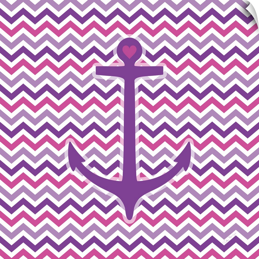 A graphic anchor with a pink and violet chevron pattern background.