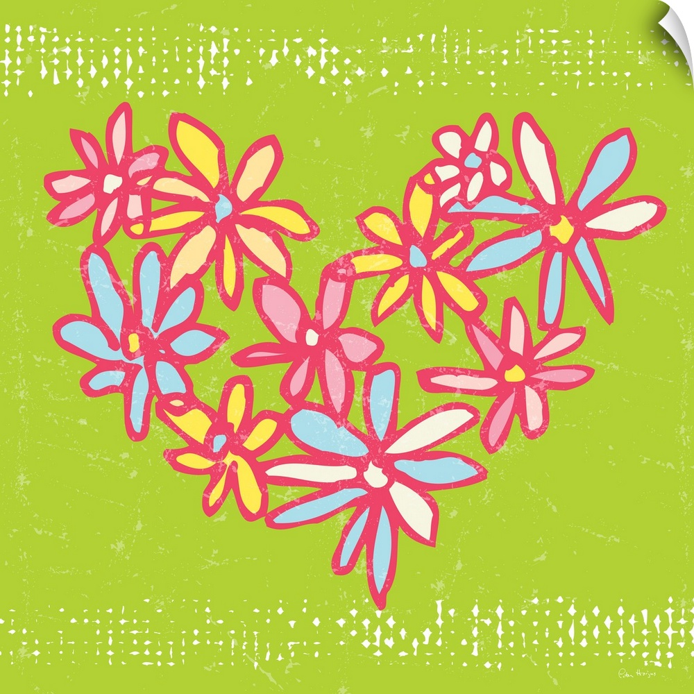 A pen and ink illustrated heart made out of colored daisies on a green background.