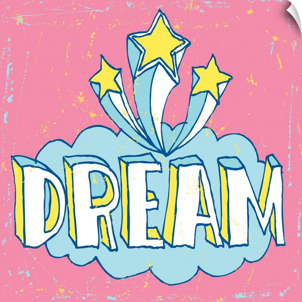 The word "Dream" handwritten in a cloud with stars on a light blue background.