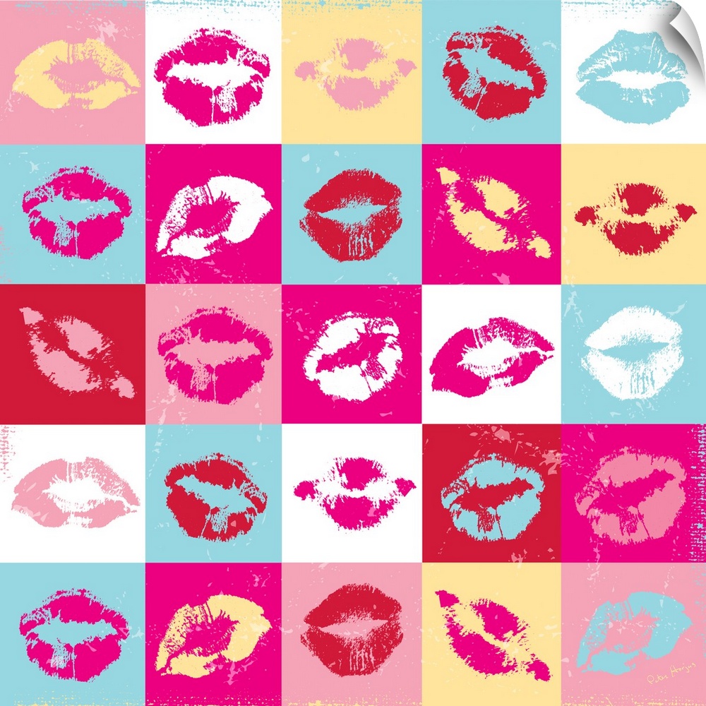 Twenty-five illustrated mouths and kisses in a checkered pattern.