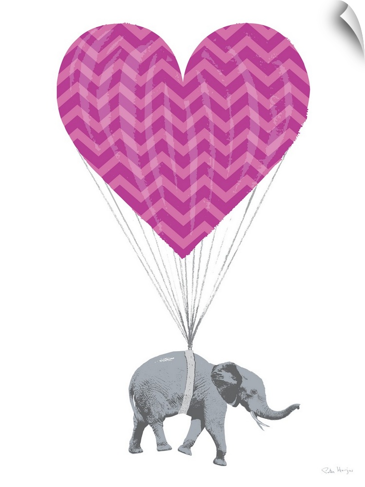 Graphic art of an elephant paratrooper with a parachute in the shape of a love heart.