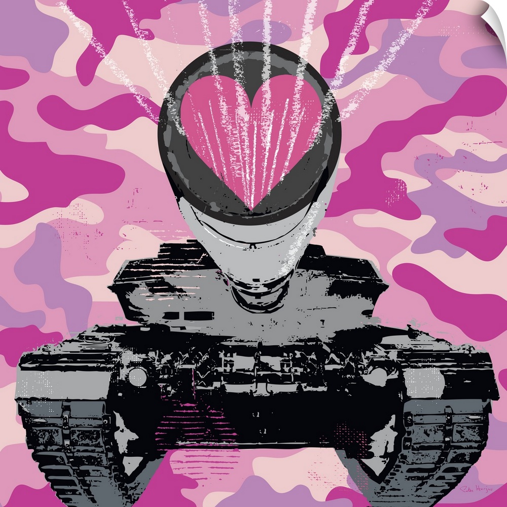 Graphic art of a military tank shooting out a love heart with a pink camoflauge background.